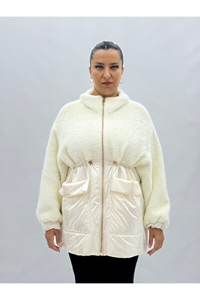 Darkmen Large Size Zippered Pocket Ecru Plush and Shiny Fabric Oversized Wome...