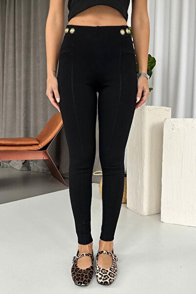 Mine Tan Butik talie înaltă Leggings pentru femei cu picioare înguste și buzunare ornamentale - negru