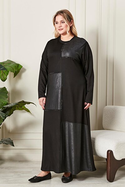 Ferace Women's Plus Size Leather Detailed Crystal Combed Cotton Dress