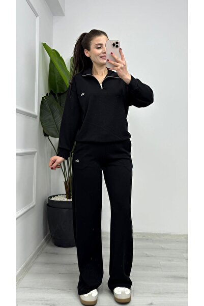 TUNAM BUTİK 1029 طقم مودال مطبوع مزدوج بسحاب نصفي أسود