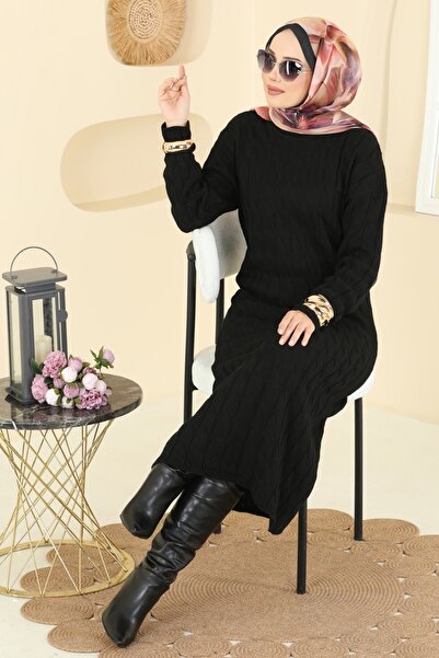 ModaMerve Burgu Desenli Triko Elbise 2752AYD574-MS Siyah