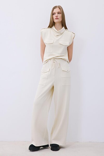 rue Lace-Up Wool Blend Wide Leg Ecru Trousers