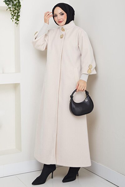 hafsamina Gold Buttoned Full Length Coat Cream Hm2864