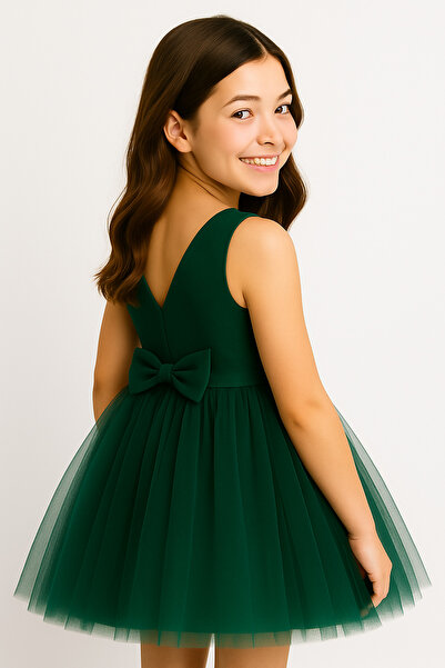 NSMLİFE Girl's Wrap Collar Mini Plain Skirt Puffy Dress