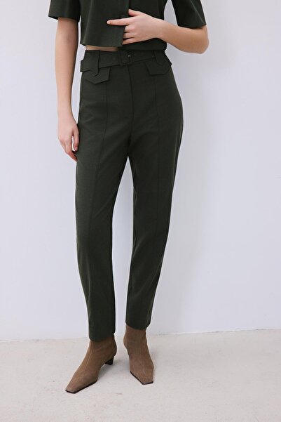 rue Khaki Trousers with Belted Wool Texture and Stitching Detail