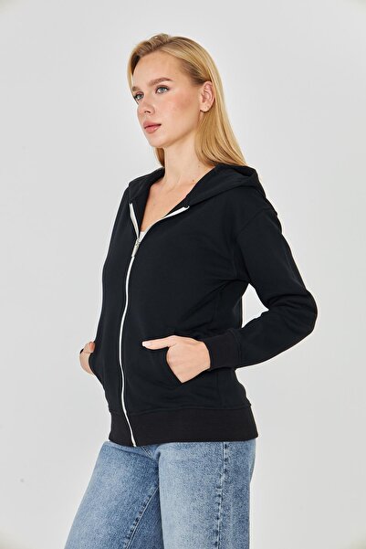 TRENDHİLL Women's Full Zip Hooded Cotton Tracksuit Top Black 9508-S