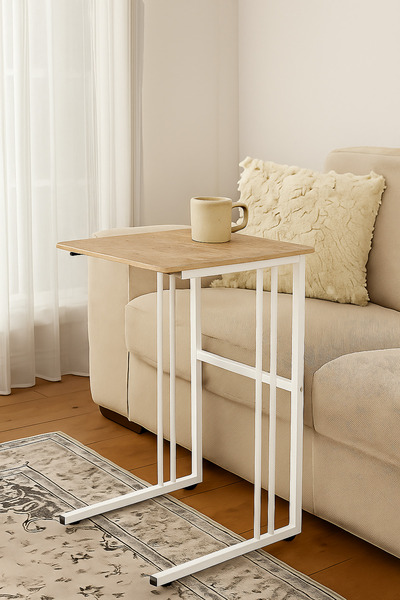 PLASMOB 30x50cm C Sehpa Traverten-Beyaz– Metal Ayaklı, MDF Üst Tablalı, Moder...