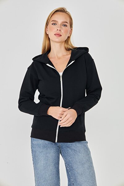 TRENDHİLL Women's Full Zip Hooded Cotton Tracksuit Top Black 9508-S