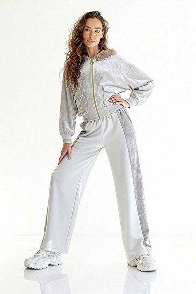 UTOPIAN Kapüşonu Kürklü Kadife Fermuarlı Sweatshirt