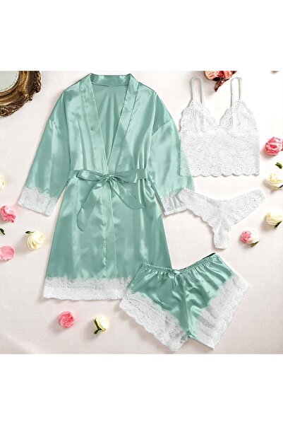 Inovius Γυναικείο σετ πιτζάμας 4 τεμαχίων από σατέν, χρώμα τυρκουάζ - ANI115 ...