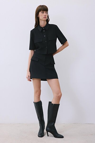 rue Wool Textured Buttoned Black Shirt