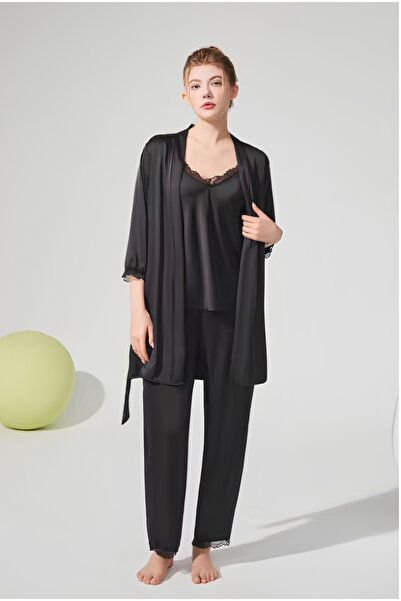 Inovius Γυναικείο σετ πιτζάμας 3 τεμαχίων από σατέν, μαύρο-ANI162 Μέγεθος XL