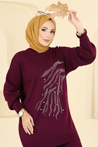 ModaMerve Set de tricotaje brodate cu piatră 1106MT581-MS Roșu Claret