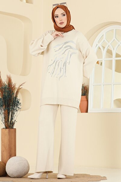 ModaMerve Stone Embroidered Knitwear Set 1106Mt581-Ms Stone