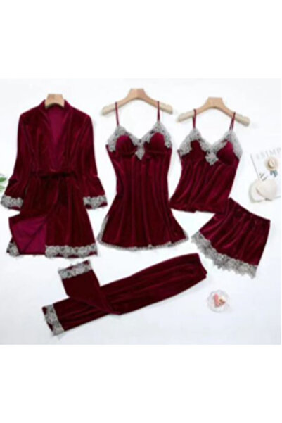 Inovius Set Pijama De Dama 5 Piese Visiniu Din Catifea- MEI18 Marimea 2XL