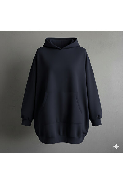 Unisex Oversize Kanguru Cepli Baskısız Lacivert Sweatshirt