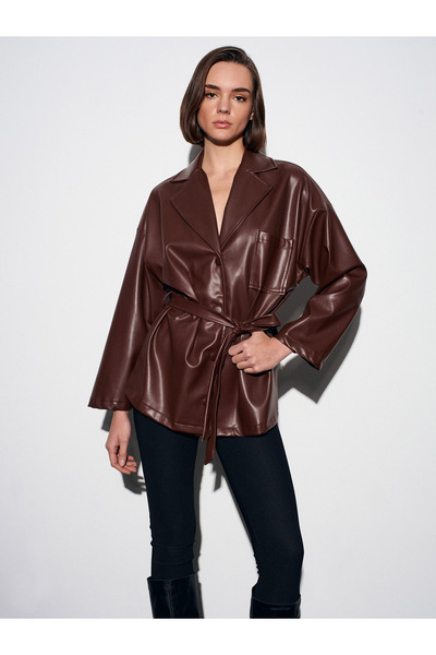 Dilvin 50533 Belted Faux Leather Jacket-Light Brown