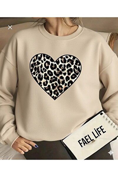 FAEL LİFE Leopard Pattern Heart Printed Crew Neck Oversize Sweatshirt