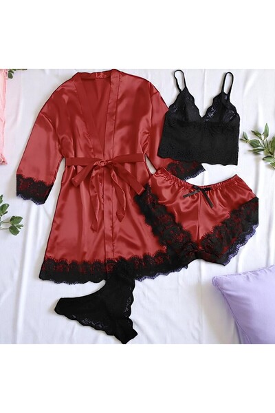 Inovius Set Pijama de Dama 4 Piese din Satin, Culoare Bordo- ANI118 Marimea S
