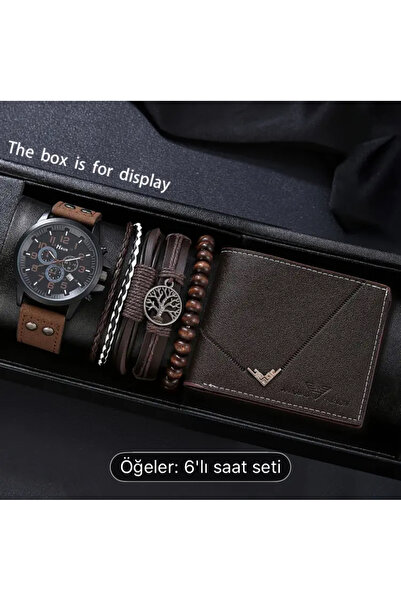 hediyeliksepeti 6 parça Rahat şık erkek saat seti-Cüzdan-bileklik kombinasyonu