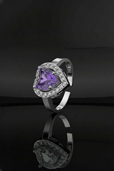 Erdobia 925 Ayar Ametist Taşlı Rodyum Pırlanta Işıltılı Kalp Ayarlanabilir Gü...