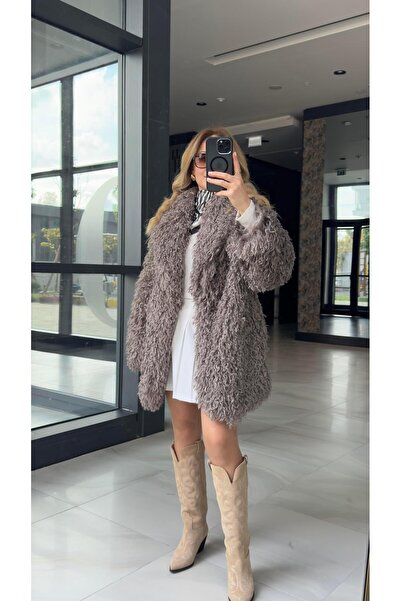 FEMİAS Beige Gray Wide Collar Long Fur Coat