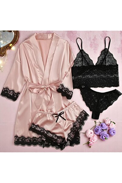 Inovius Γυναικείο σετ πιτζάμας 4 τεμαχίων από σατέν, ροζ και μαύρο χρώμα - AN...