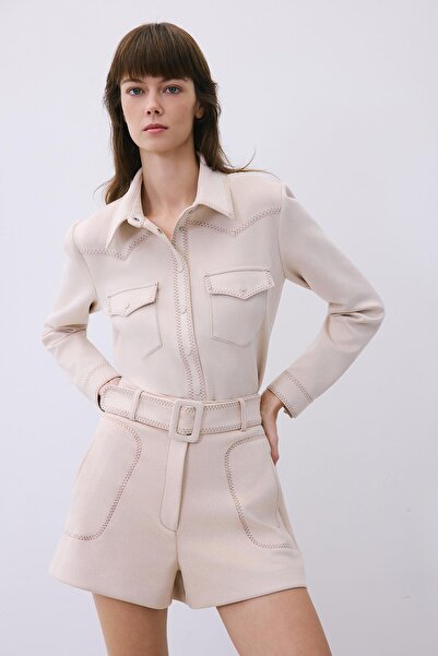 rue Belted Contrast Stitching Pack Suede Beige Shorts