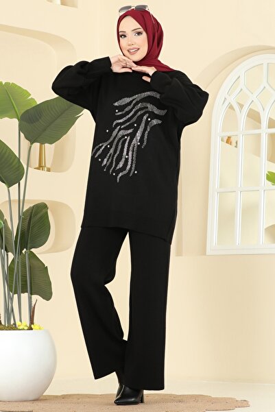 ModaMerve Stone Embroidered Knitwear Set 1106Mt581-Ms Black