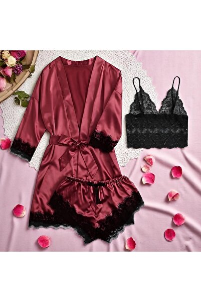 Inovius Γυναικείο σετ πιτζάμας 3 τεμαχίων από σατέν, μπορντό χρώμα-MEI11 Μέγε...