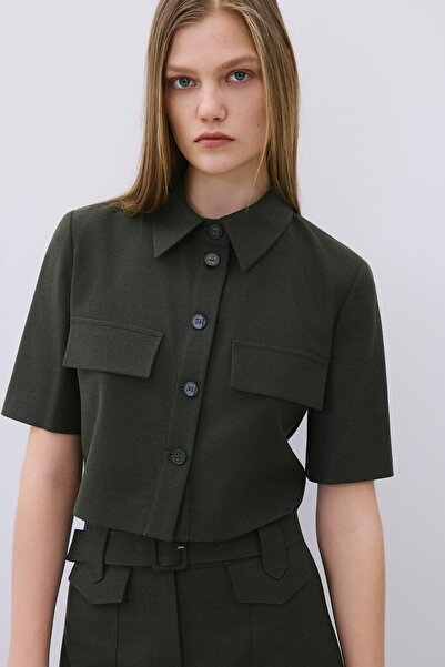 rue Wool Textured Buttoned Khaki Shirt