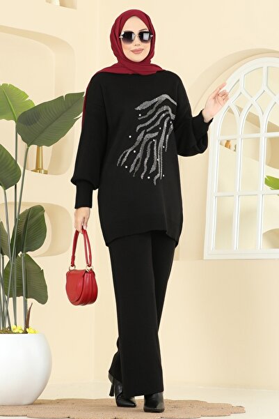 ModaMerve Stone Embroidered Knitwear Set 1106Mt581-Ms Black