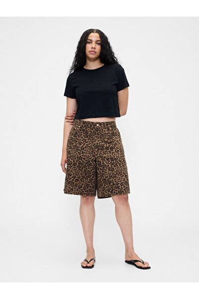 GAP Kadın Kahverengi 11" Mid Rise Denim Leopar Longline Şort