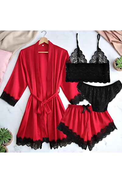 Inovius Γυναικείο σετ πιτζάμας 4 τεμαχίων από σατέν, κόκκινο χρώμα-ANI120 Μέγ...