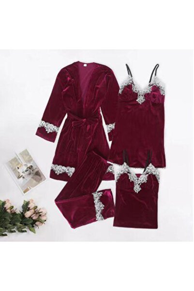 Inovius Set Pijama de Dama 4 Piese din Catifea, Visiniu Marimea XL