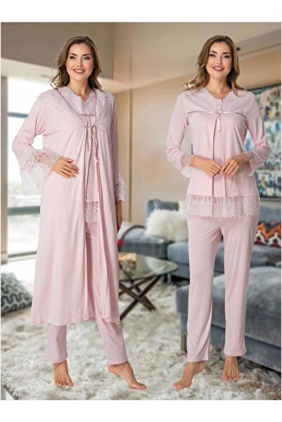 Lohusa Homewear طقم بيجامة نسائي وردي أنيق بتصميم دانتيل مفصل وأكمام طويلة لل...