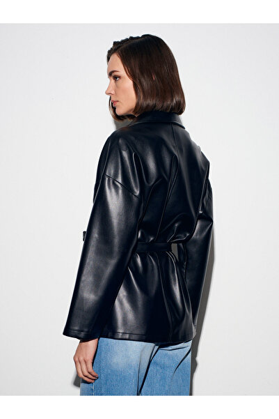 Dilvin 50533 Belted Faux Leather Jacket-Black