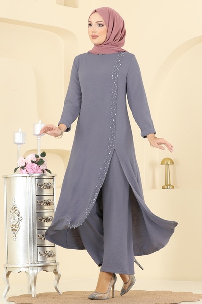 ModaMerve Taş Detaylı Yırtmaçlı Takım PL9175-MS Antrasit