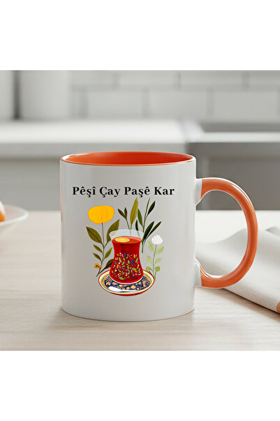 ZERYA Kurdish Peshi Tea Pashé Kar Orange-Colored Mug Cup with Tea Design - Peshi Tea Pashé Kar Orange Mug