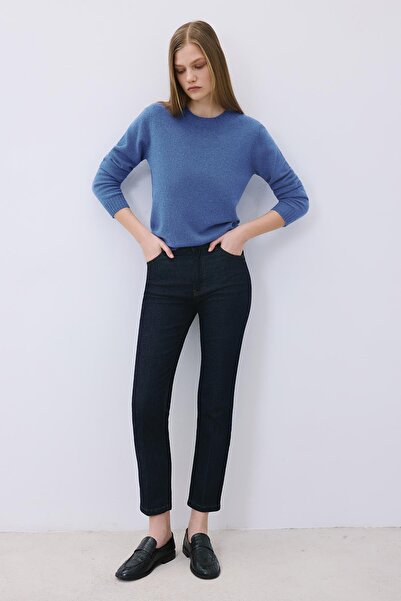 rue Striped Denim High Waist Navy Blue Trousers