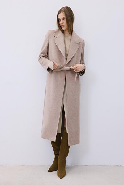 rue Cashmere Midi Beige Coat with Stitching Detail