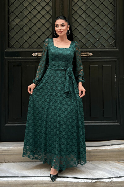 giyimmasalı Lace Fabric Square Neck Dress - Emerald Green