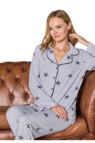 ROYAM Pijamood Women's Milan Fabric Front Buttoned Transitional Long Sleeve Pajama Set