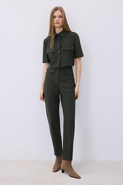 rue Khaki Trousers with Belted Wool Texture and Stitching Detail