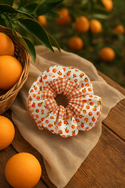 OIA Atelier Orange Checkered Cotton Scrunchie