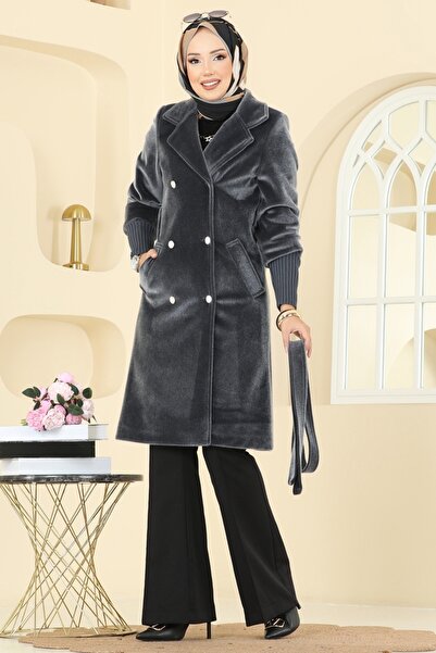 ModaMerve Beli Kuşaklı Angora Kaban 1183OZT1013-MS Füme