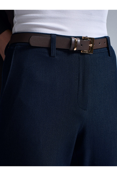 Dilvin 72204 Belted Short-Leg Fabric Trousers-Navy Blue