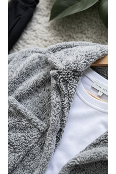 Fifty Color Gray Buttoned Plush Jacket + Black Sweatpants Bottom Combination