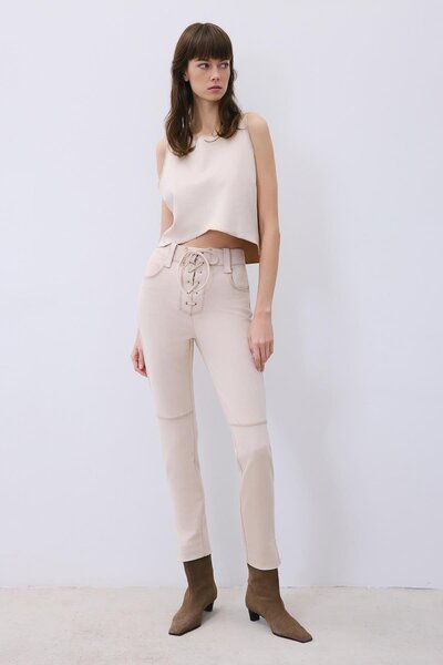 rue Ornamental Stitched Suede Narrow Leg Beige Trousers