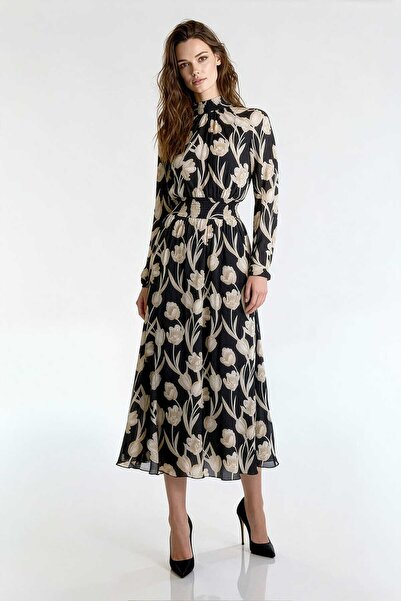 UTOPIAN Desenli Beli Lastikli Uzun Elbise